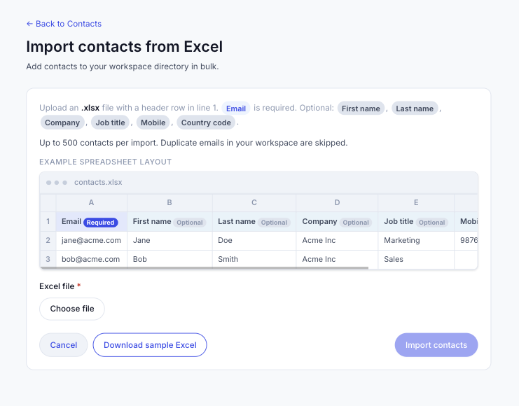 Import contacts from Excel — MsgMars contact management