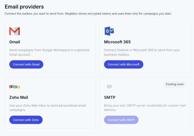 Email providers — connect Gmail, Microsoft 365, Zoho, and SMTP in MsgMars