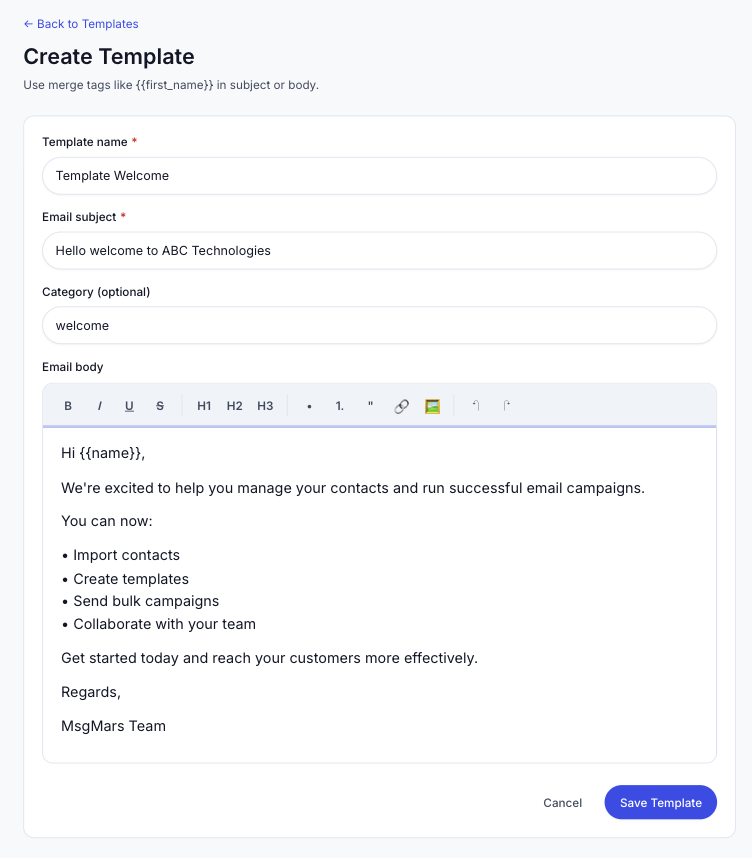 Create Template — MsgMars bulk email campaign editor